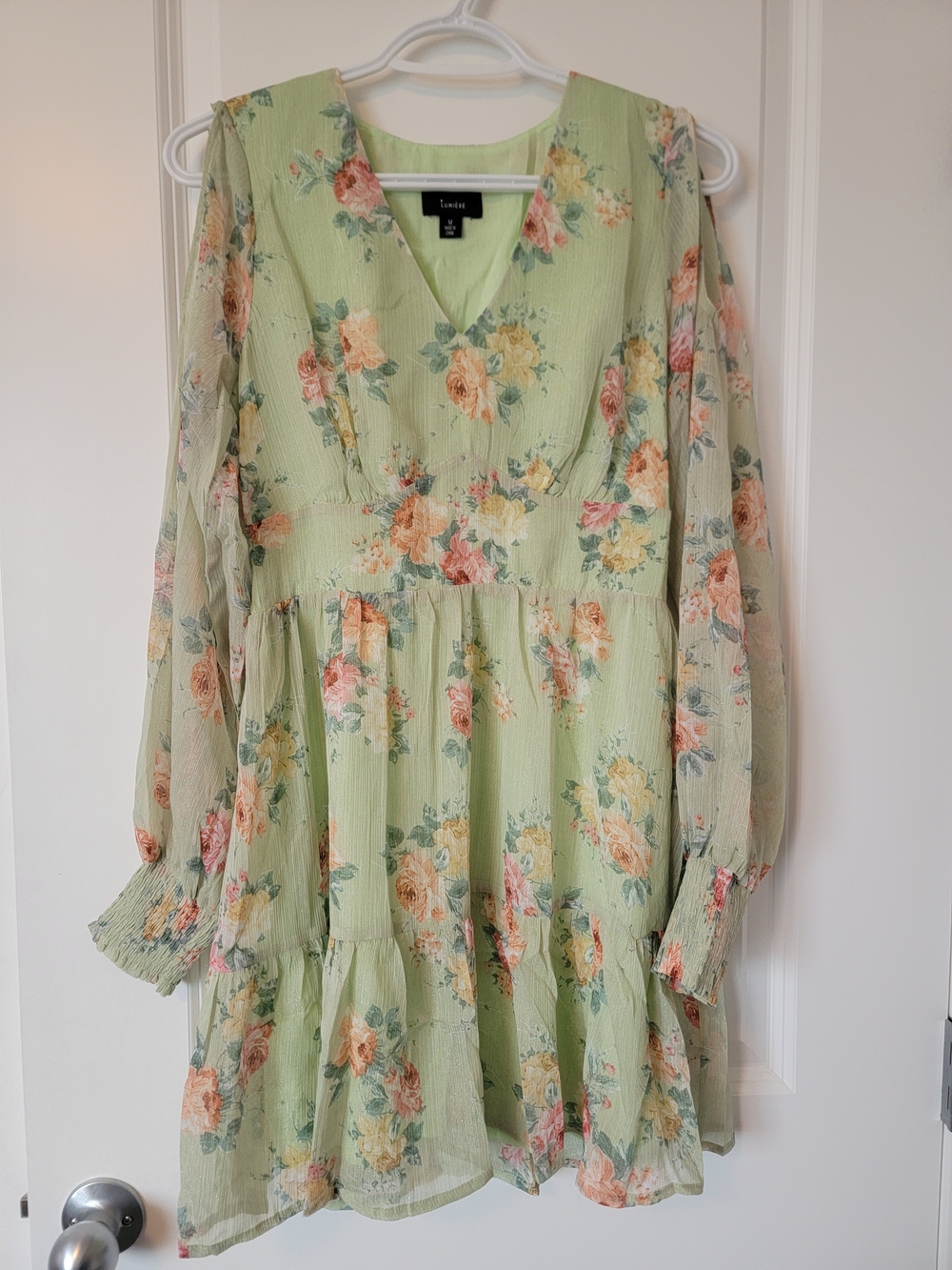 Lumiere Sage Green Floral Long Sleeve Cold Shoulder Tiered Dress